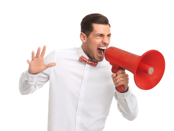 Handsome man with megaphone on white background