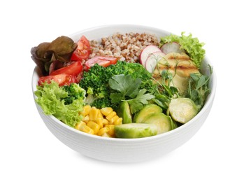 Photo of Healthy meal. Tasty vegetables and buckwheat in bowl isolated on white