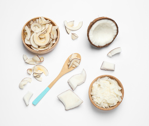 Photo of Composition with tasty coconut chips on white background, top view