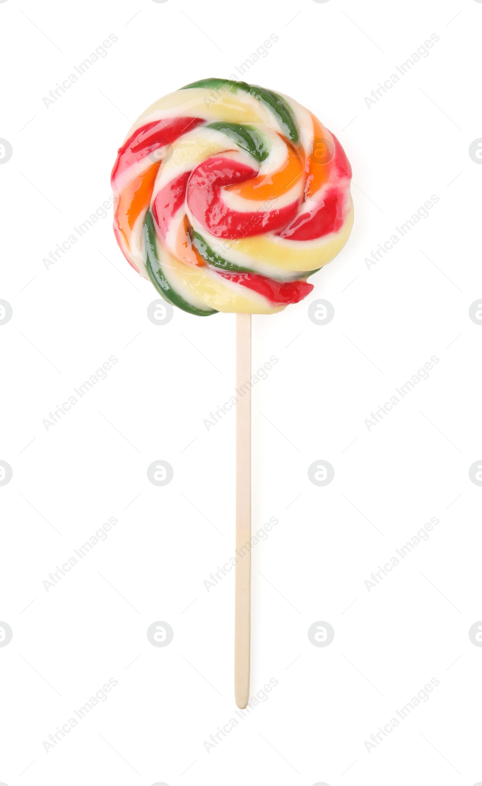 Photo of Colorful lollipop isolated on white, top view