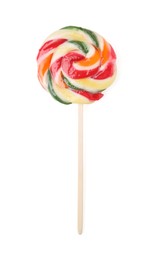 Photo of Colorful lollipop isolated on white, top view