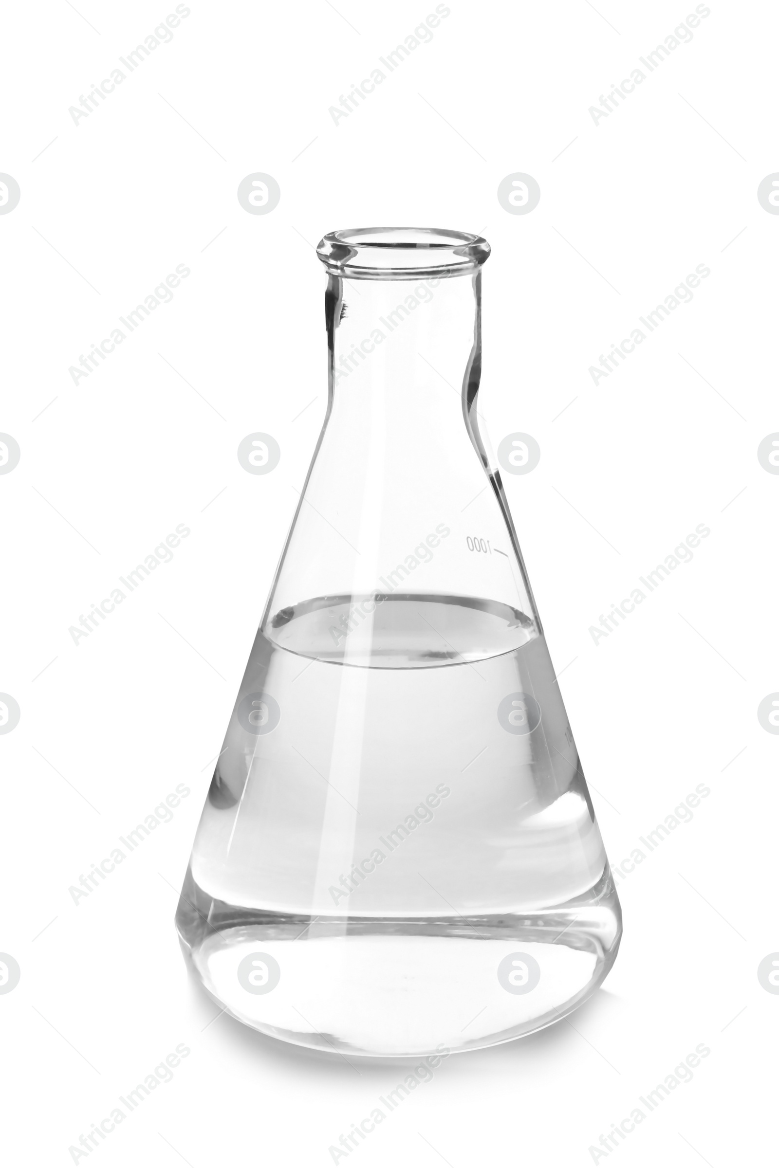 Photo of Flask with liquid on white background. Laboratory analysis equipment