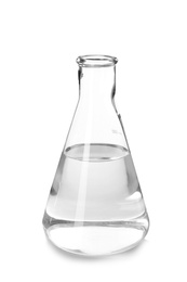 Photo of Flask with liquid on white background. Laboratory analysis equipment