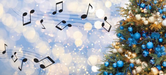 Image of Music notes near Christmas tree on blurred background, bokeh effect. Banner design