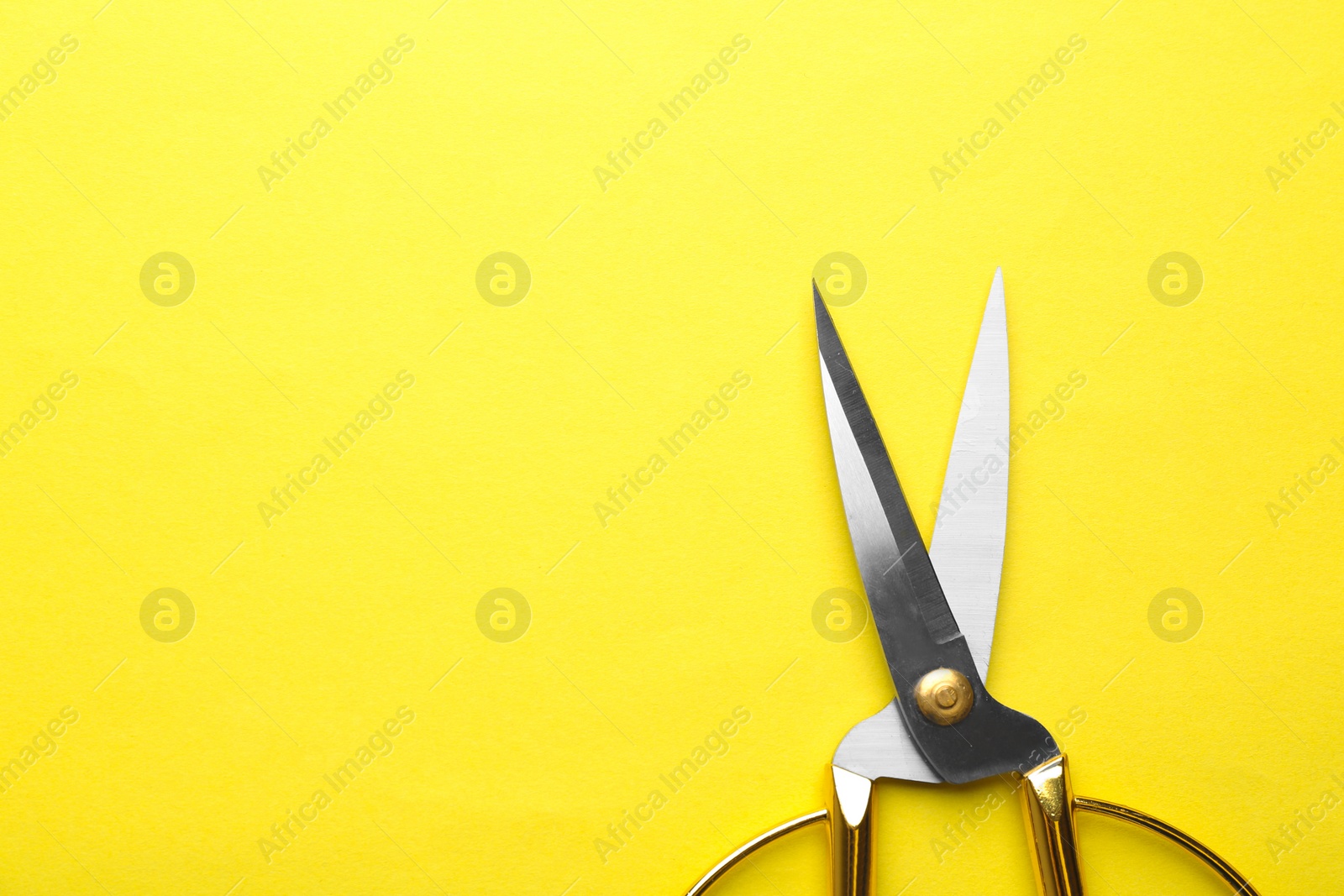 Photo of Pair of sharp scissors on color background, top view. Space for text