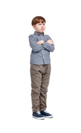 Photo of Little boy in shirt and pants on white background