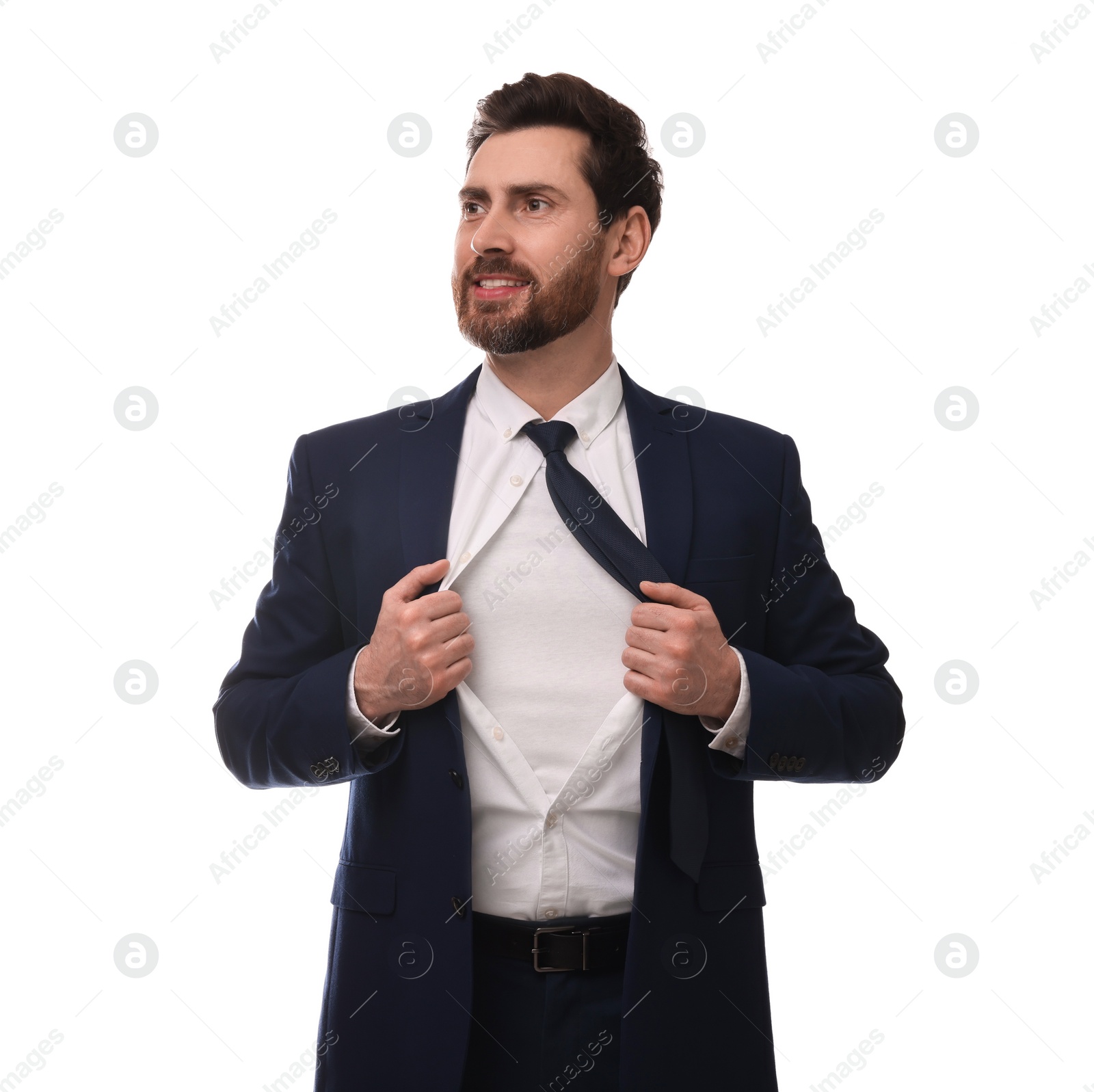 Photo of Happy businessman wearing superhero costume under suit on white background