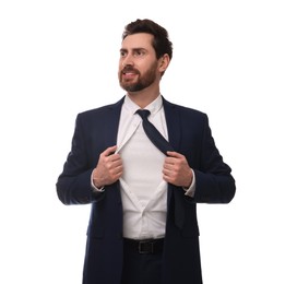 Happy businessman wearing superhero costume under suit on white background