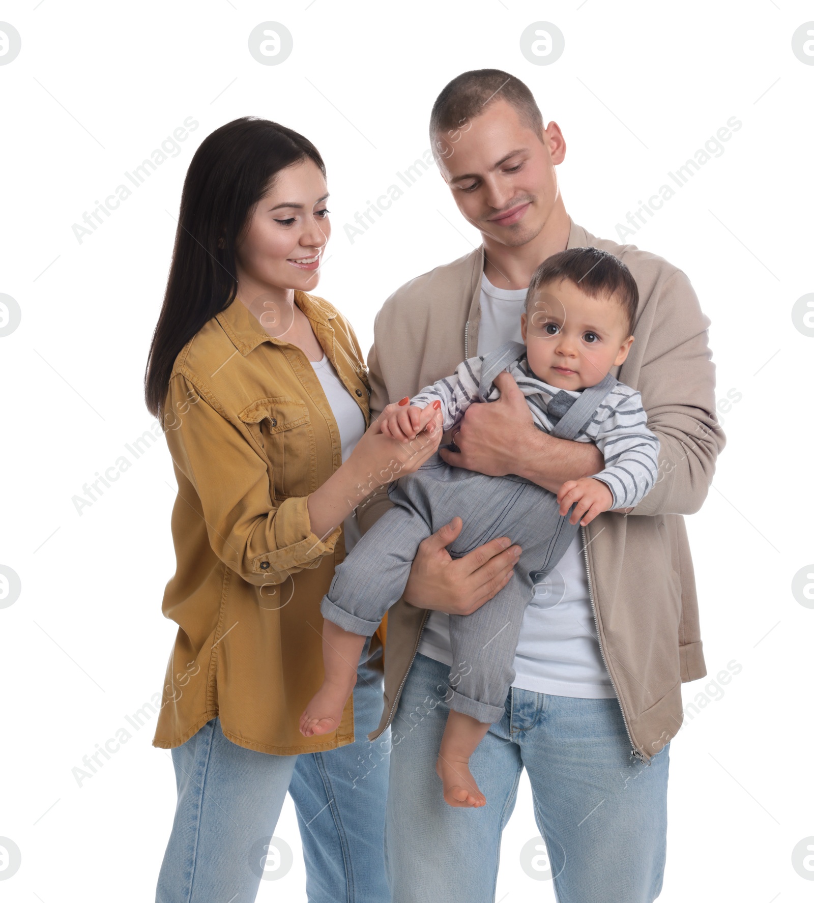 Photo of Portrait of happy family with little child on white background