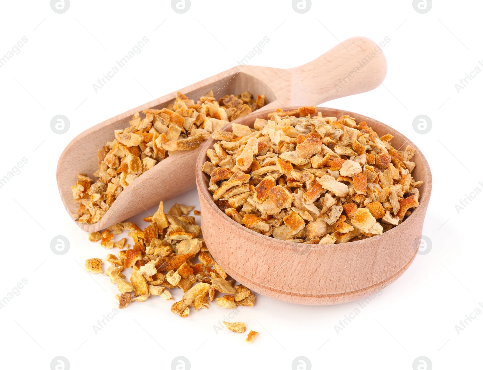 Photo of Bowl and scoop with dried orange zest seasoning isolated on white