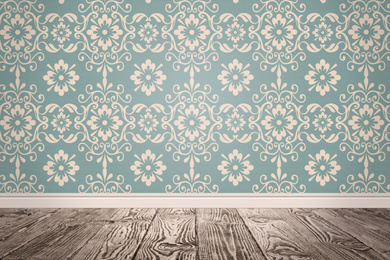 Image of Blue wallpaper and wooden floor in room