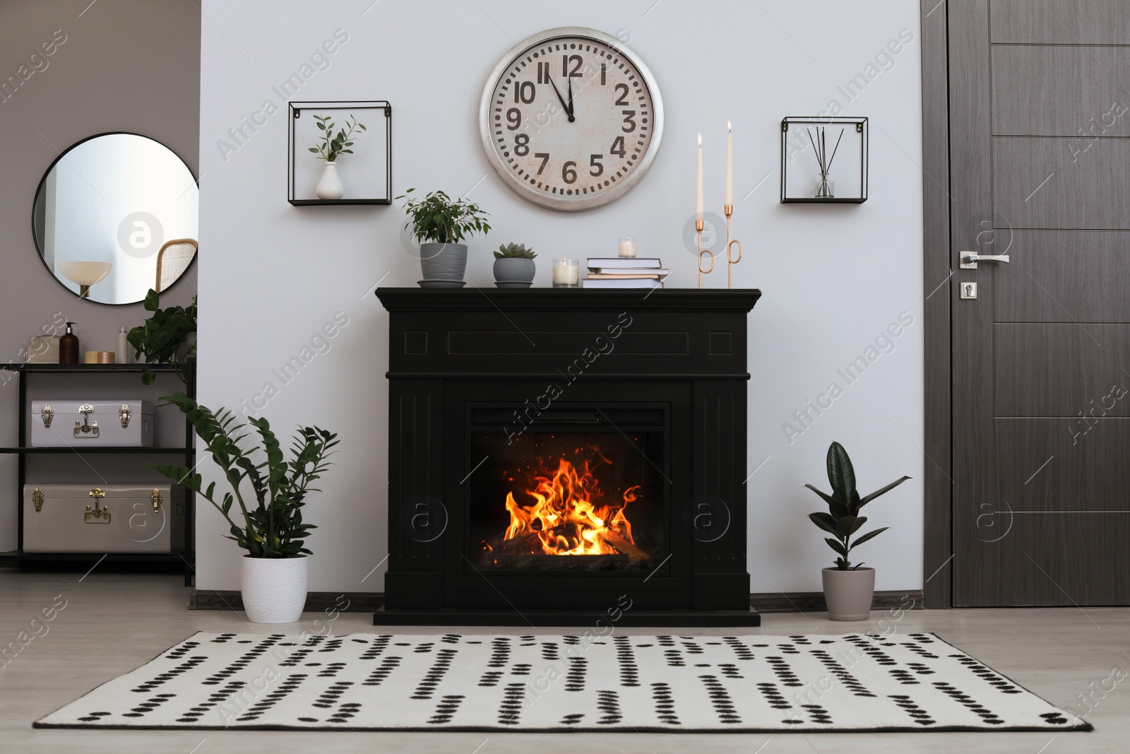 Photo of Stylish living room interior with fireplace and green plants