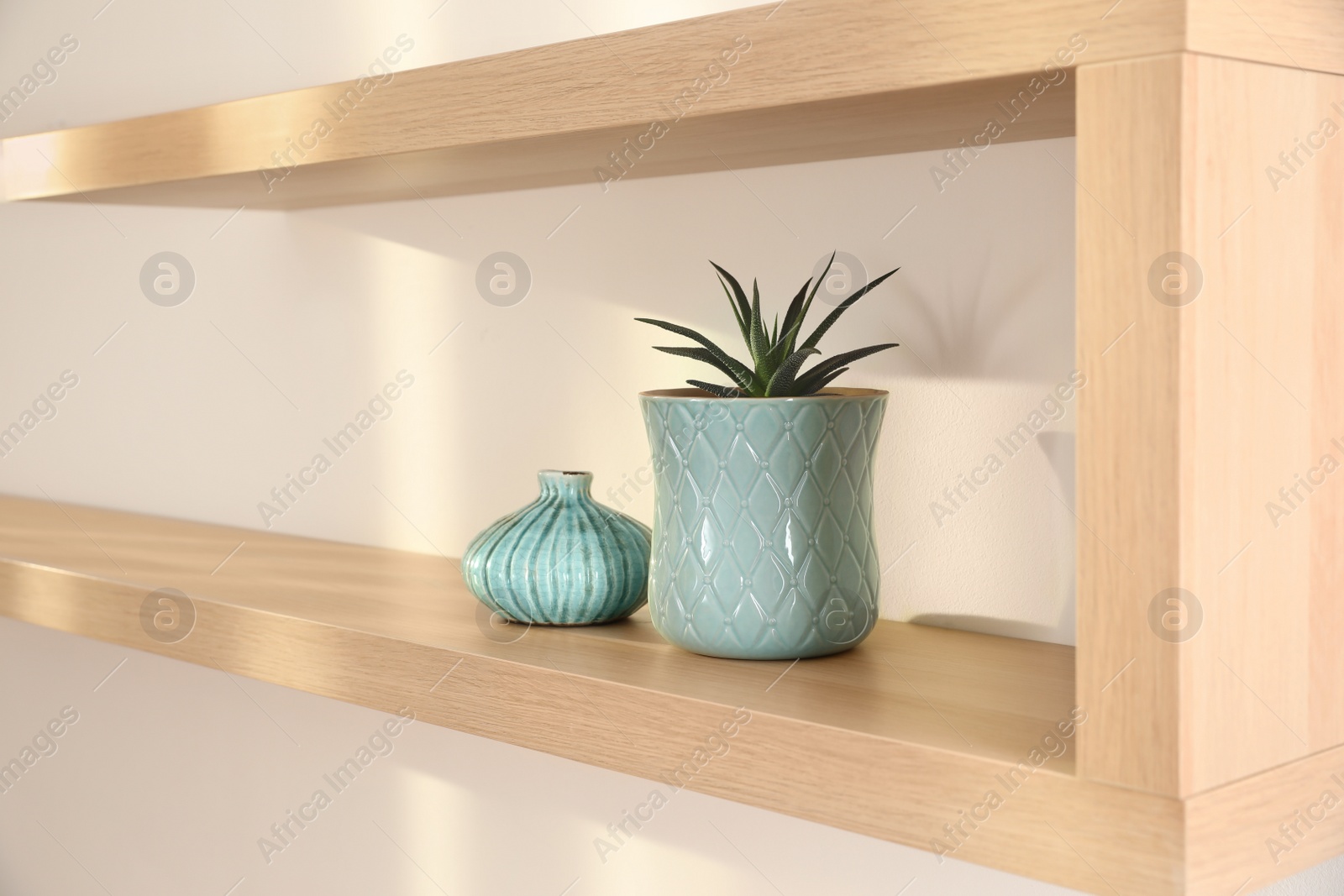 Photo of Wooden shelf with houseplant on light wall