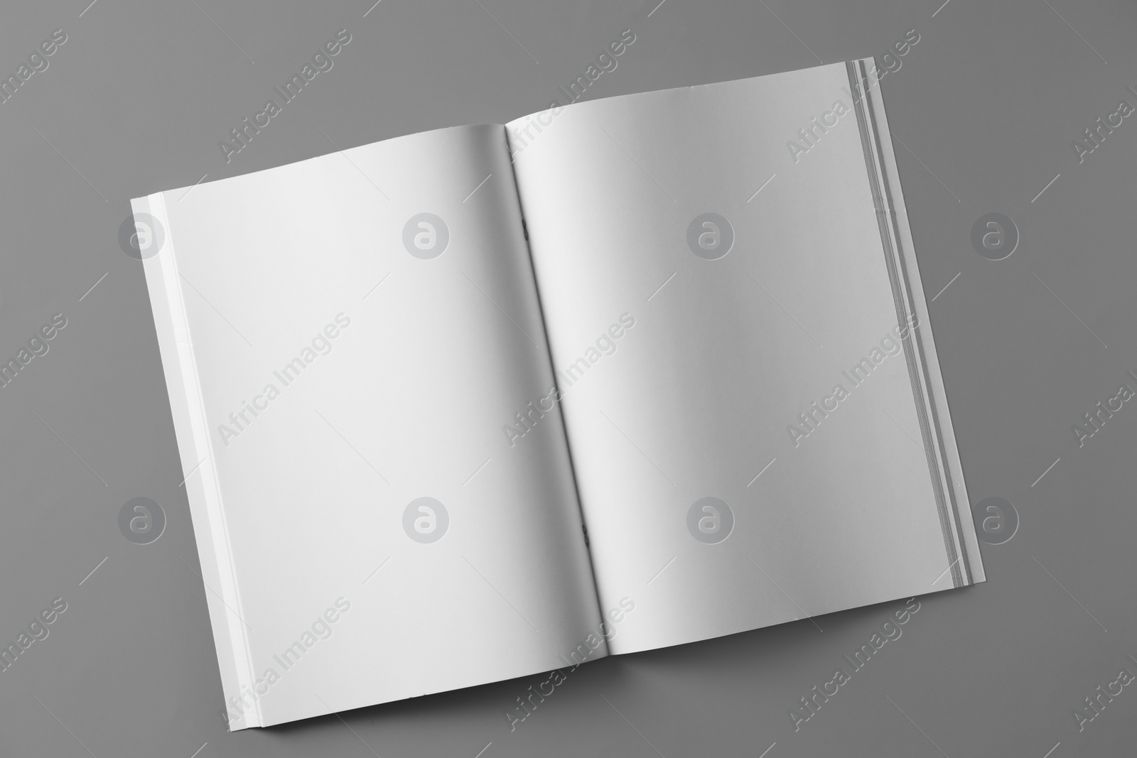 Photo of Open blank brochure on light grey background, top view