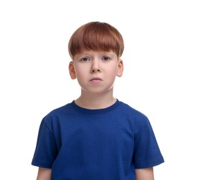 Photo of Portrait of sad little boy on white background