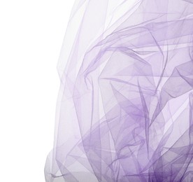 Photo of Beautiful purple tulle fabric on white background, top view. Space for text
