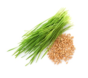 Composition with wheat grass and seeds on white background, top view