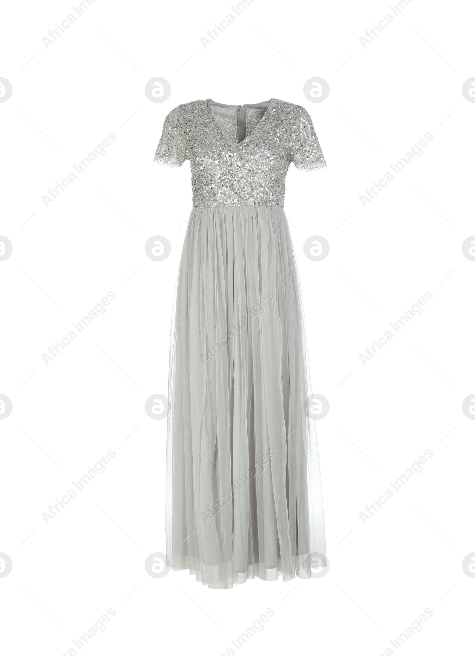 Photo of Elegant grey dress on mannequin against white background. Women's clothes