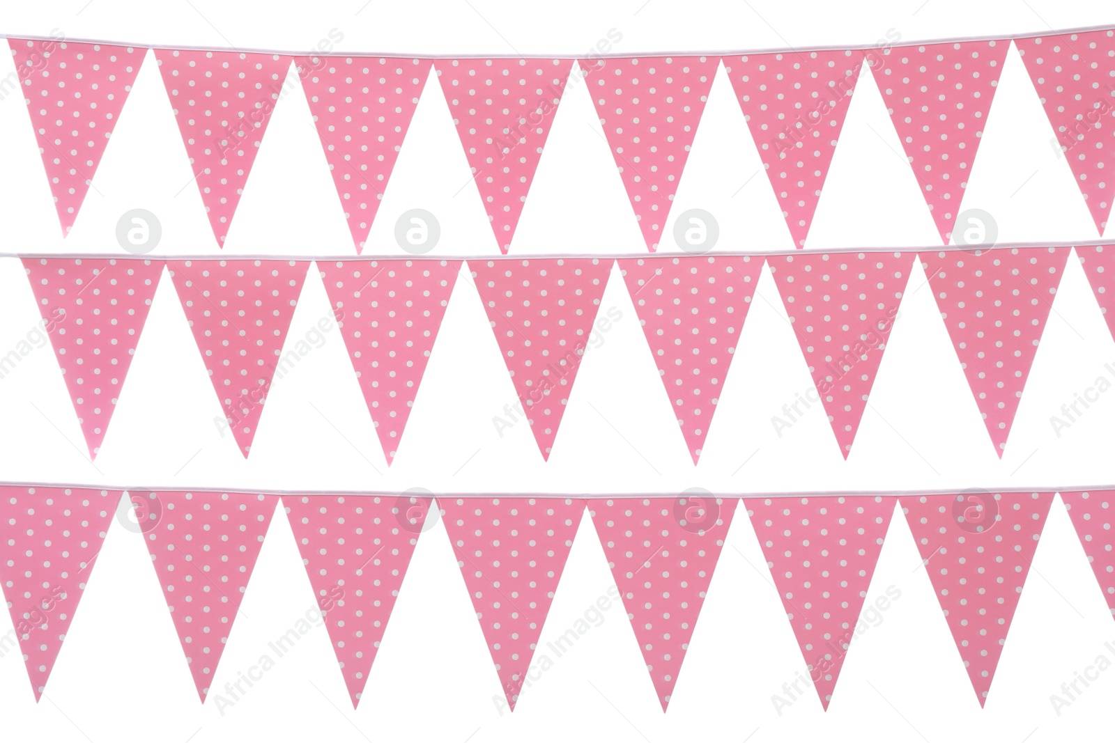 Photo of Rows of triangular bunting flags on white background. Festive decor