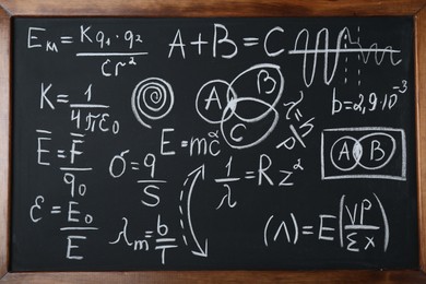 Different physical formulas written with chalk on blackboard
