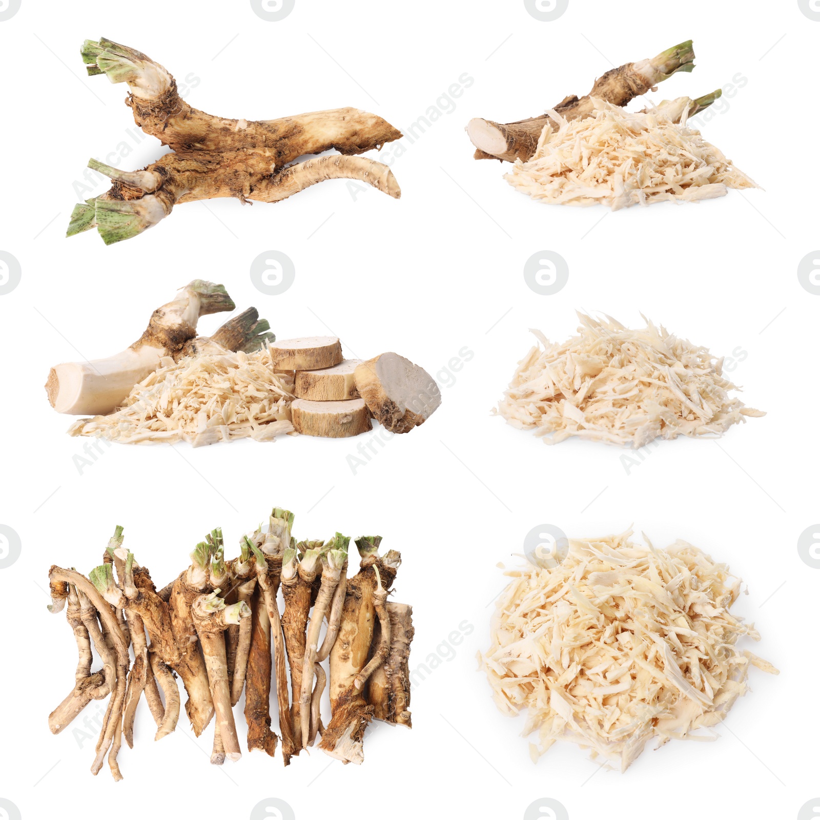 Image of Roots, grated and cut horseradish isolated on white, collage design