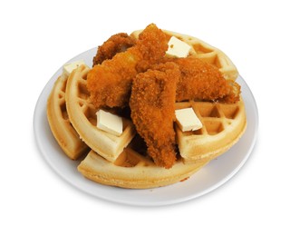 Photo of Delicious Belgium waffles with fried chicken and butter isolated on white