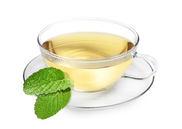 Green tea in glass cup and green leaves isolated on white