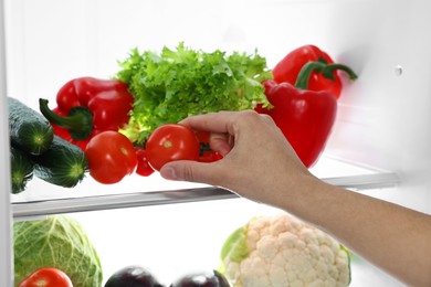 Young woman taking tomato out of refrigerator, closeup