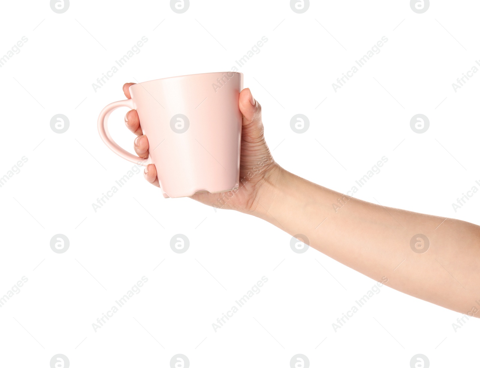 Photo of Woman holding pink cup on white background, closeup