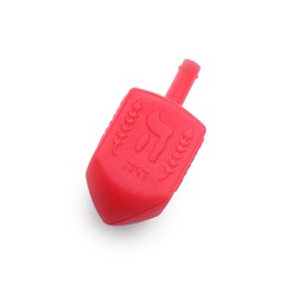 Photo of One red dreidel isolated on white, above view. Traditional Hanukkah game