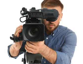 Photo of Operator with professional video camera on white background