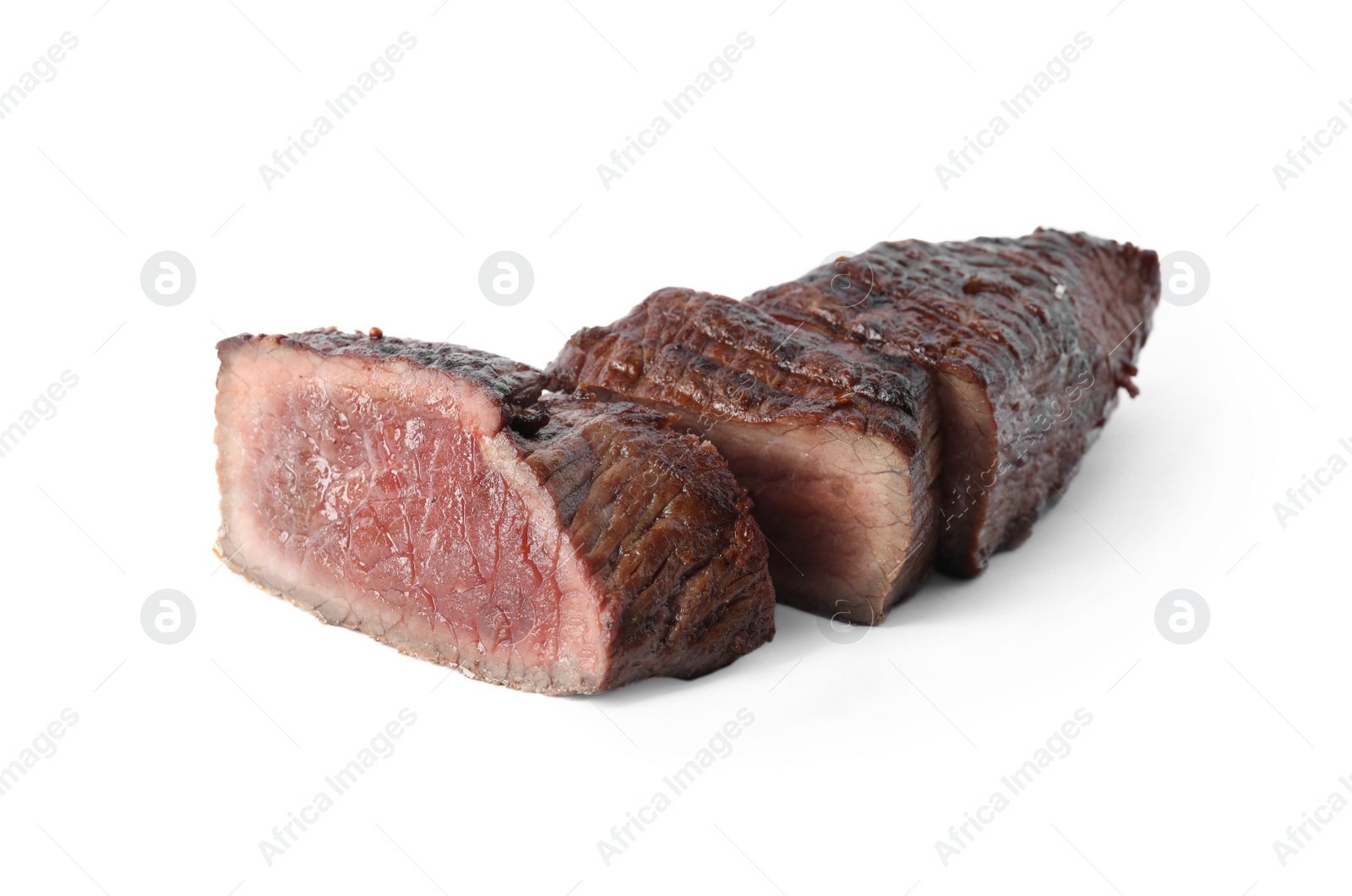 Photo of Delicious sliced beef tenderloin isolated on white