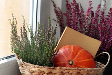 Wicker basket with beautiful heather flowers, pumpkins and book near window indoors, closeup