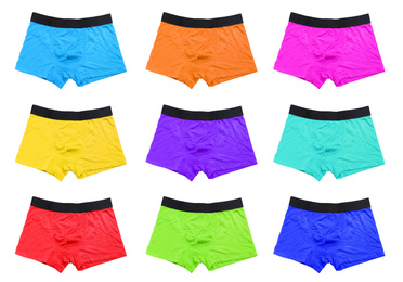 Set of men's underwear on white background