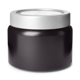 Photo of Black jar of cream isolated on white. Men's cosmetics