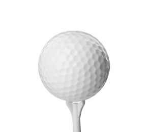Photo of Golf ball and tee on white background. Sport equipment