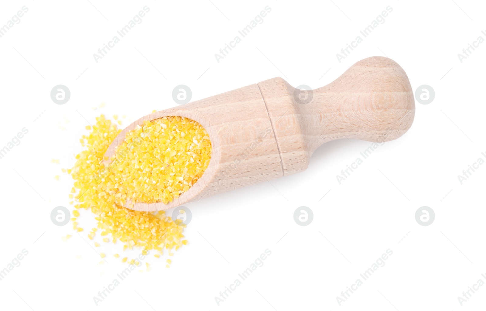 Photo of Scoop with raw cornmeal isolated on white, top view