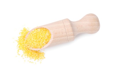 Photo of Scoop with raw cornmeal isolated on white, top view