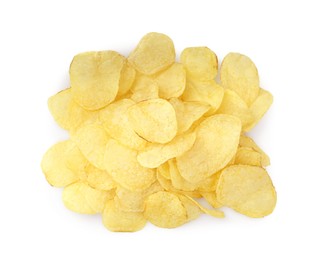 Photo of Heap of delicious potato chips on white background, top view