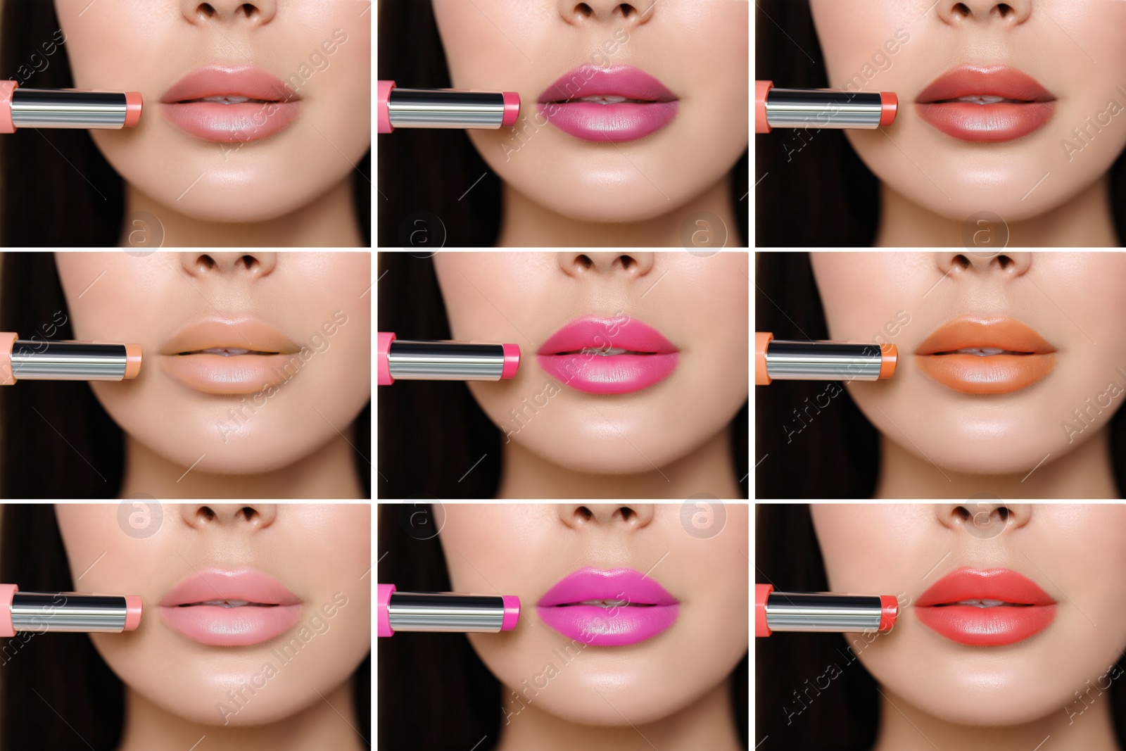 Image of Collage with photos of woman applying different beautiful lipsticks, closeup