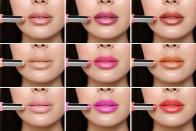 Collage with photos of woman applying different beautiful lipsticks, closeup