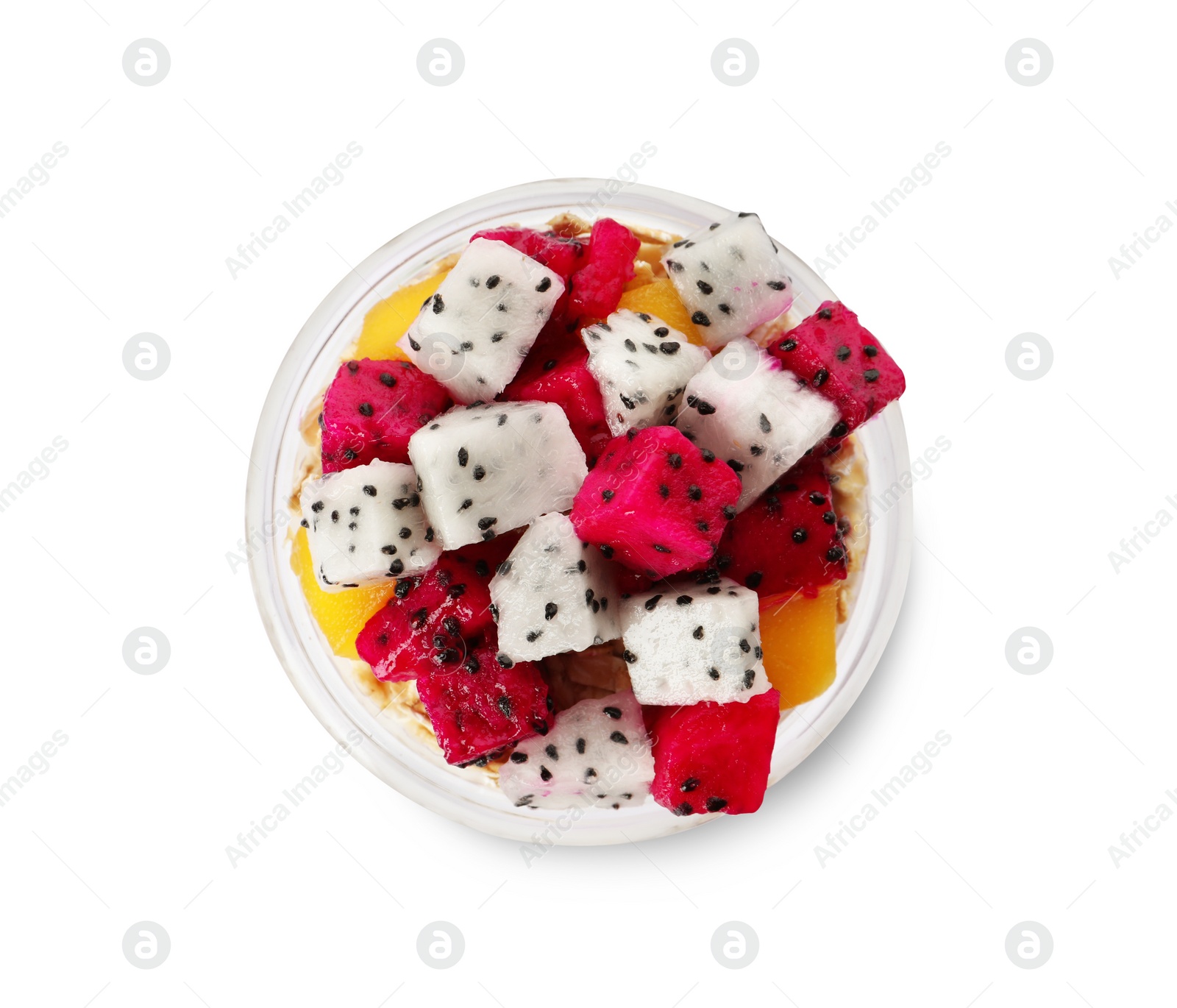 Photo of Glass of granola with pitahaya and mango isolated on white, top view