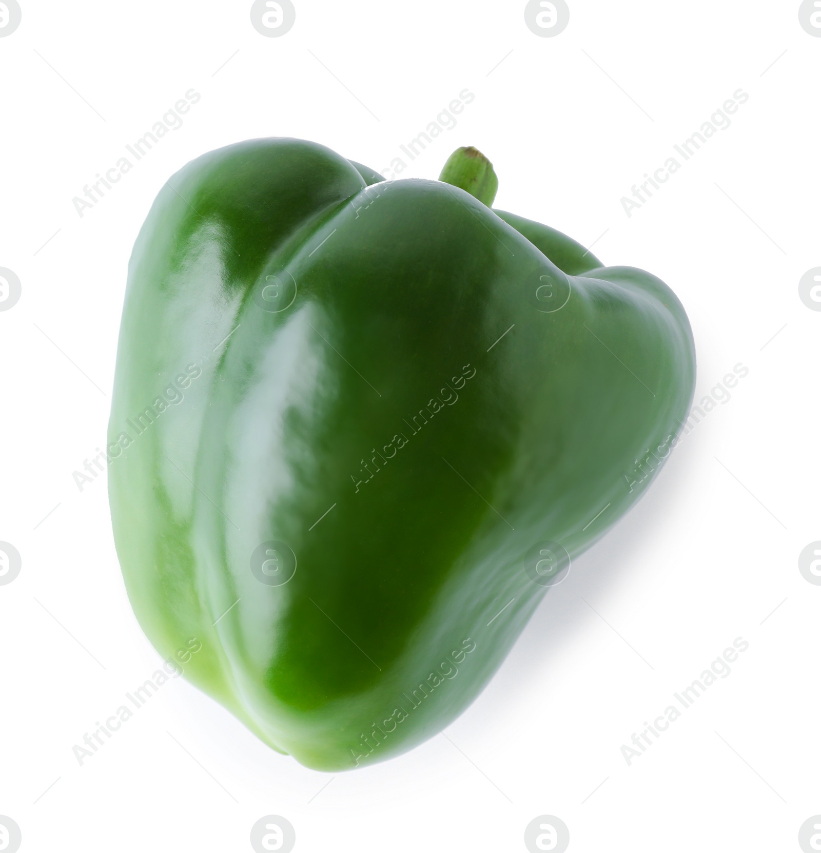 Photo of Ripe green bell pepper isolated on white, top view