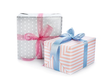 Photo of Different gift boxes with bows on white background