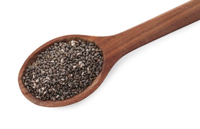 Wooden spoon with chia seeds on white background, top view