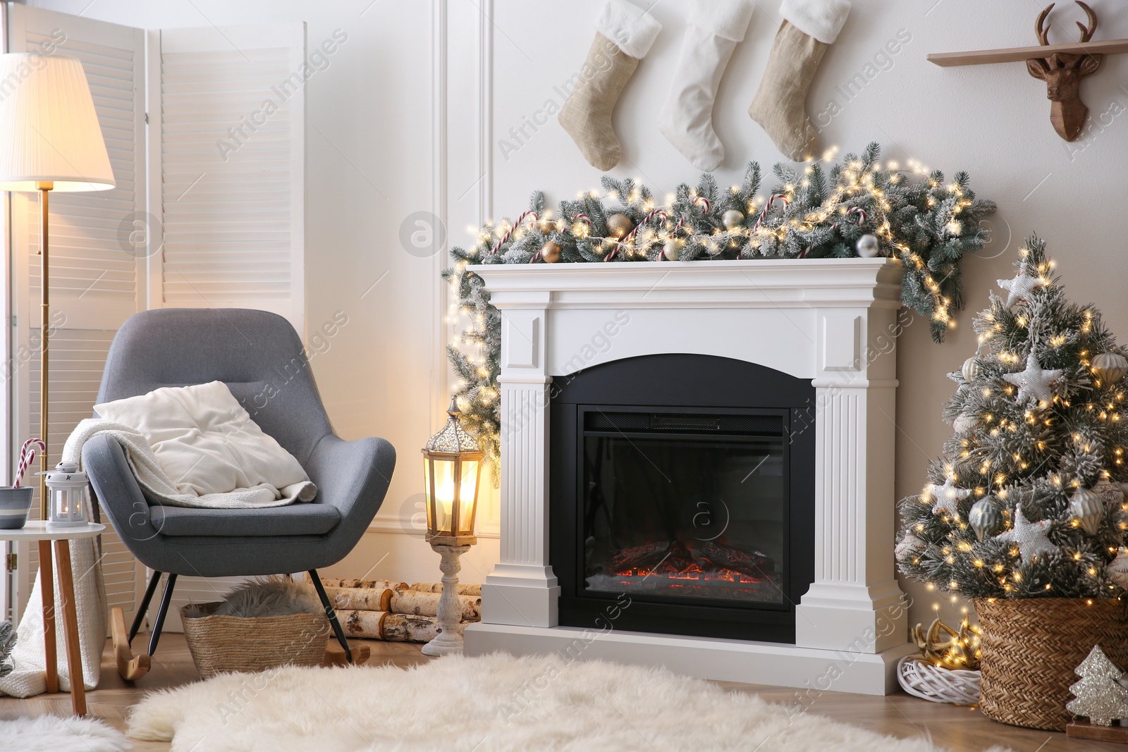 Photo of Fireplace in living room decorated for Christmas