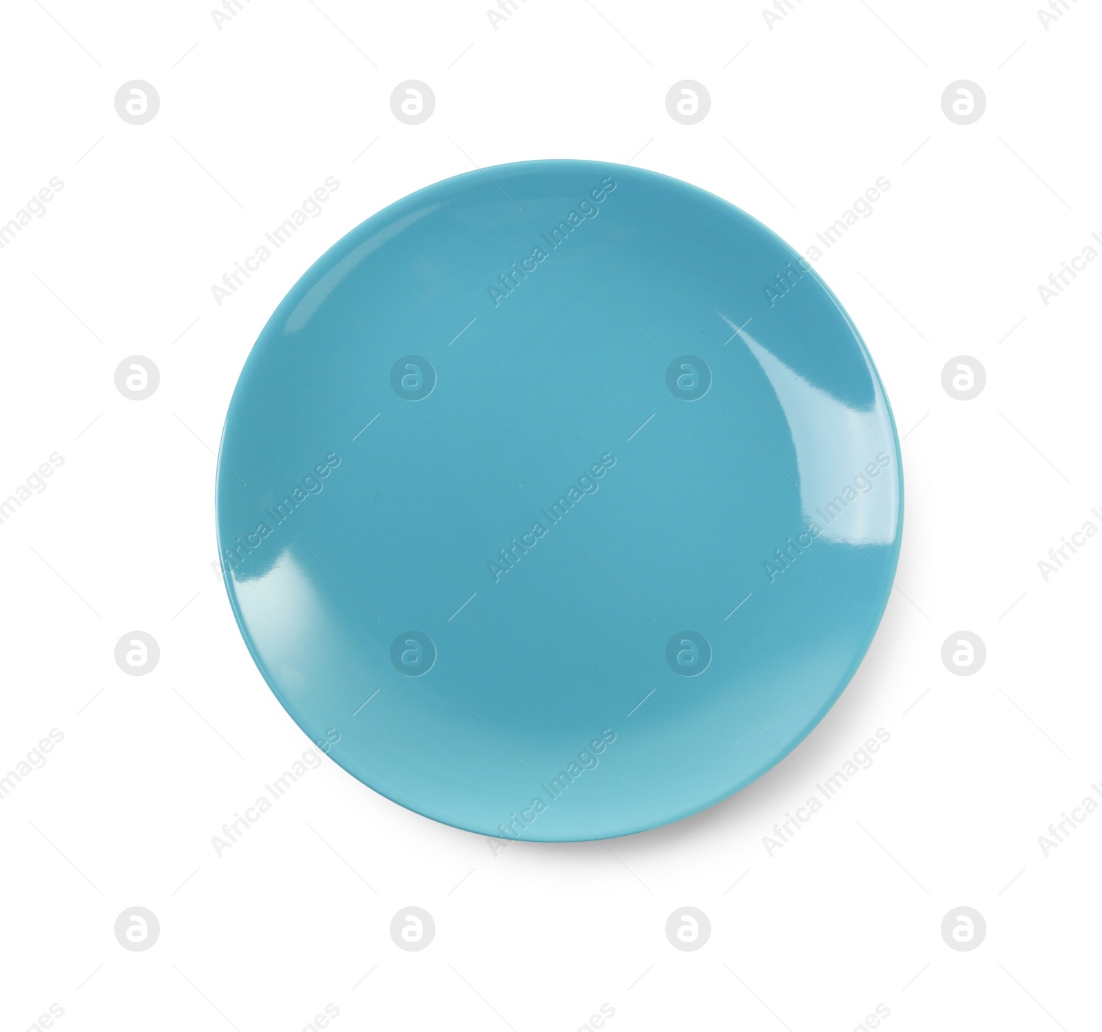 Photo of One light blue ceramic plate isolated on white, top view