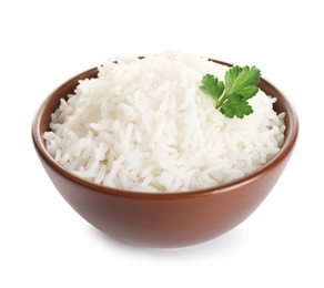 Photo of Bowl of tasty cooked rice with parsley on white background