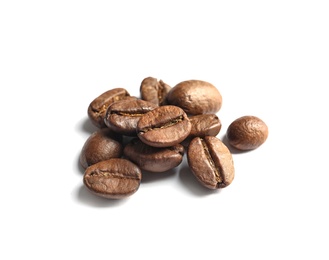 Photo of Pile of roasted coffee beans on white background