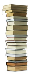 Photo of High stack of many different books isolated on white